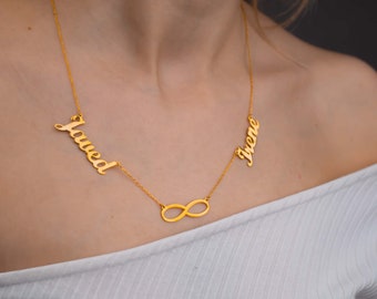 Custom Infinity Two Name Necklace, Double Solid Gold Name Necklace, Personalized Gift For Her, Handmade Jewelry, Mothers Day Gift For Mom