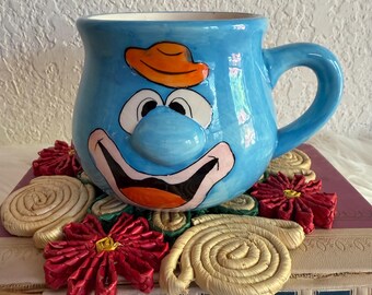 Vintage Funny Clown Face Blue Ceramic Novelty Coffee Mug Cup