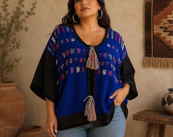 Handmade Huipil Blouse | Embroidered Mexican Cotton Tassel Ties (M-L)