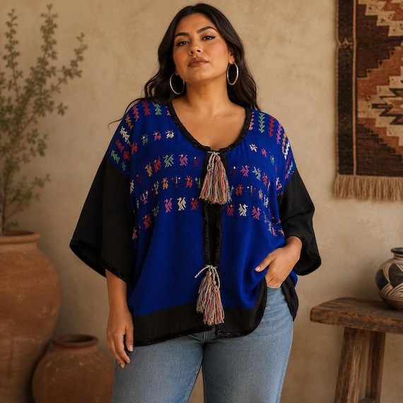Handmade Huipil Blouse | Embroidered Mexican Cotton Tassel Ties (M-L)