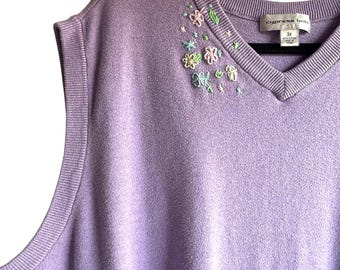 Y2K Floral Embroidered Purple Knit Plus Size Sweater Sleeveless Vest Sz 3X