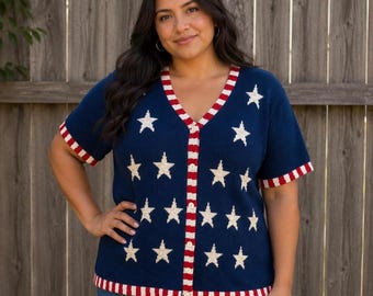 90s NWT The Quaker Factory Patriotic Flag Knit Button Up Blouse Sz LG