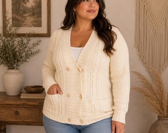 70s Montgomery Ward Cottage Neutral double button chunky knit cardigan sweater Sz. Medium