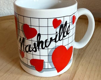Vintage 80s Retro Nashville Music City Grid & Hearts Souvenir Coffee Mug