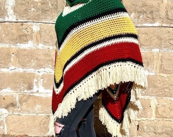 Vintage Handmade Rasta Colored Fringe Poncho