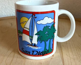 Vintage 80s San Diego Sailboat Travel Souvinr Novelty Coffee Mug