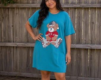 80s Hang Around Patriotic Teddy Bear Turquoise Blue T-Shirt Dress OSFM