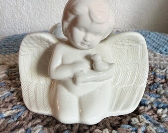 Vintage Ceramic Cherub Angel Holding a Bird Planter
