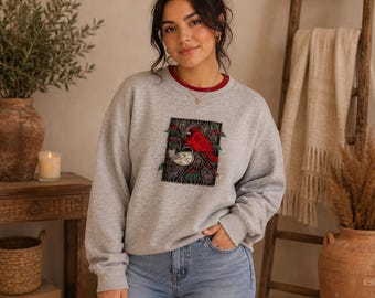 90s Classic elements red bird and mistletoe appliqué gray sweater Sz medium