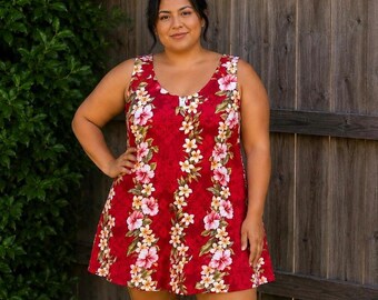Vintage Handmade Floral Hawaiian Print Red Mini Dress Sz. 1X
