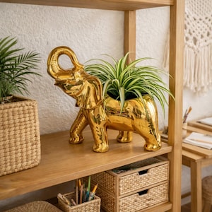 Vintage Gold Colored Boho Trunk Up Elephant Plant Holder|Vase