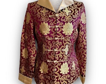 Asian style textured maroon & gold button up jacket top