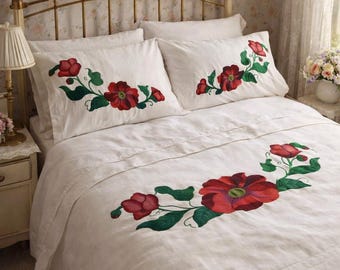 Vintage Hand painted floral Cottagecore queen flat sheet and 2x pillowcases set