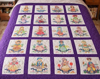 Handmade Dolls of the World Quilt Blanket – Ethnic Folk Art, 70”x85”
