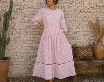 Vintage Handmade Prairie Pink Floral Cottagecore Prarie Dress Sz S/M