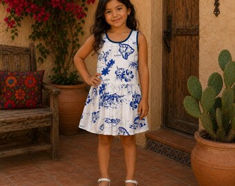 Vintage 90s made in Hawaii blue & White Island printed cotton dress girls Sz 6