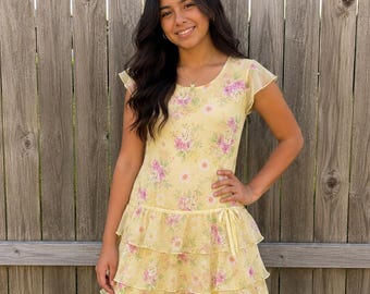 Y2K RMLA Chiffon Floral Tiered Ruffle Cottagecore Dress Sz 16 (XL) Youth