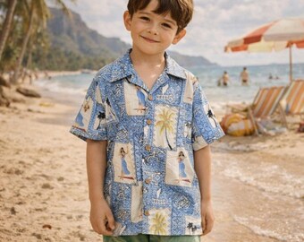 Vintage Maui Trading Co. Hawaiian button up hula girl tropical printed boys top