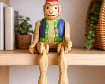 Vintage Fez Shelf Sitting Hand Carved Hand Painted Wooden Monkey