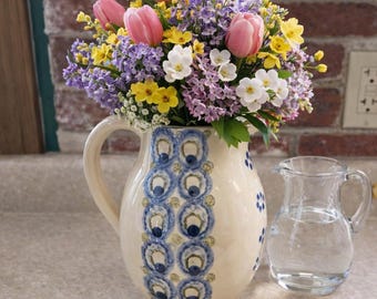 Vintage Handmade Cottagecore blueberry and floral  farmhouse cream and blue pitcher signed pottery