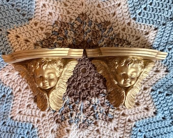 Set of Vintage Cherub Angel Ornate Wall Gold Sconce Resin Shelves