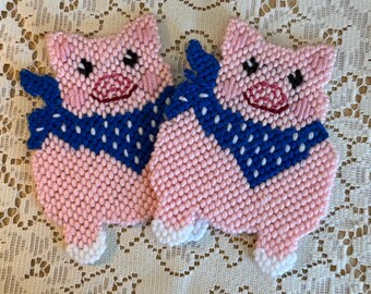 90s Set of Pig Plastic Handmade Canvas Coasters