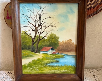 Vintage  Original Acrylic Barn Country Farm Setting Signed Framed Art  16.25” x 13”