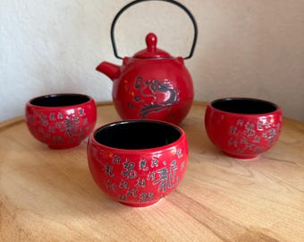 Red Dragon Writing Tea Set: Kettle and 3 Cups – Asian Ceramic Tea Time