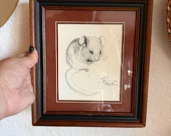 RARE 84’ Susan Morrison Signed Original Mouse Pen and Ink Framed Art