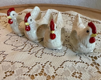 Vintage Set of 4 Speckled Ceramic Rooster Napkin Ring Holders