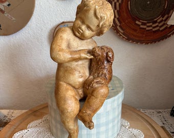 Vintage Ceramic Sitting Cherub Angel Boy with Dog Figurine