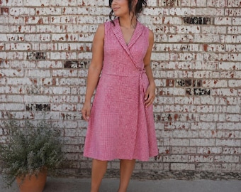 Handmade Vintage Red and White Gingham Cotton Lightweight Wrap Dress Sz Medium