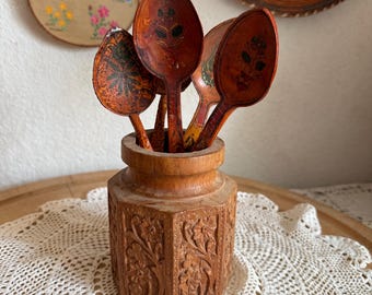 Vintage Scandanavian Folk Hand Painted and Carved Wooden Primitive Spoons