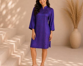 Vintage Cheongsam Purple 3/4 Sleeve Side Slit Dress Sz S/M