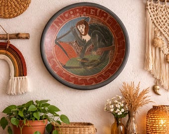 Vintage ethnic handmade Nicaragua etched Monkey wall hanging novelty Terracotta ceramic plate