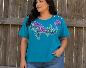 Vintage Hand Painted Floral Turqoiuse Boxy Handmade Blouse