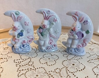 Vintage Porcelain Playing Instruments Bunny Rabbits on Half Moons Set of 3