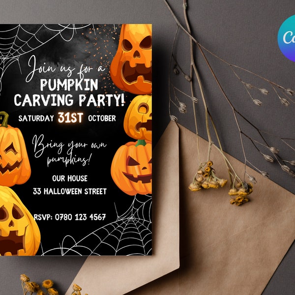 Pumpkin Carving Halloween Party Digital Invitation - Personalise & Print At Home With Canva On Phone, Tablet Or Computer