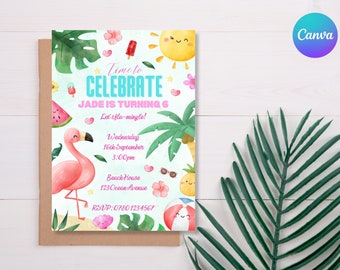 Tropical Summer Theme Children's Birthday Party Digital Invitation - Personalise & Print At Home With Canva