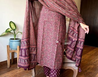 Women's Cotton Kalamkari Printed A-Line Kurta Set With Dupatta
