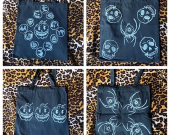 Linoblock print spooky tote bags