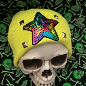 Neon yellow, rainbow star beanie- adult one size