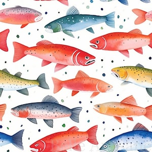 May include: A watercolour painting of a variety of colourful fish, including red, orange, blue, and green. The fish are swimming in a white background with blue and green dots.