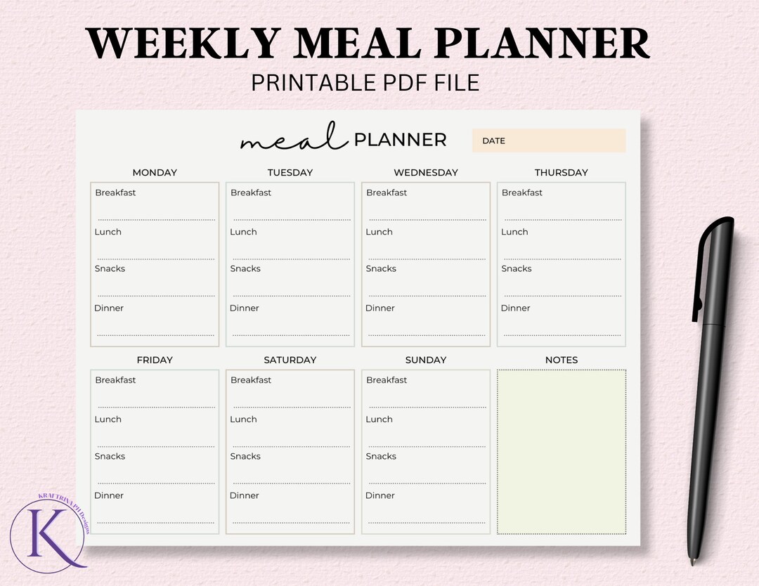 Weekly Meal Planner Printable, Meal Prep, Menu Planner, A4 Letter