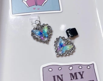 Bouchon anti-poussière USB-C papillon coeur bleu argenté