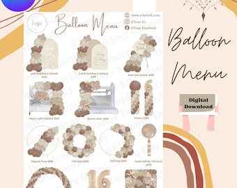 Plantilla de menú con globos estilo bohemio, guía de precios, editable en Canva (descarga digital)