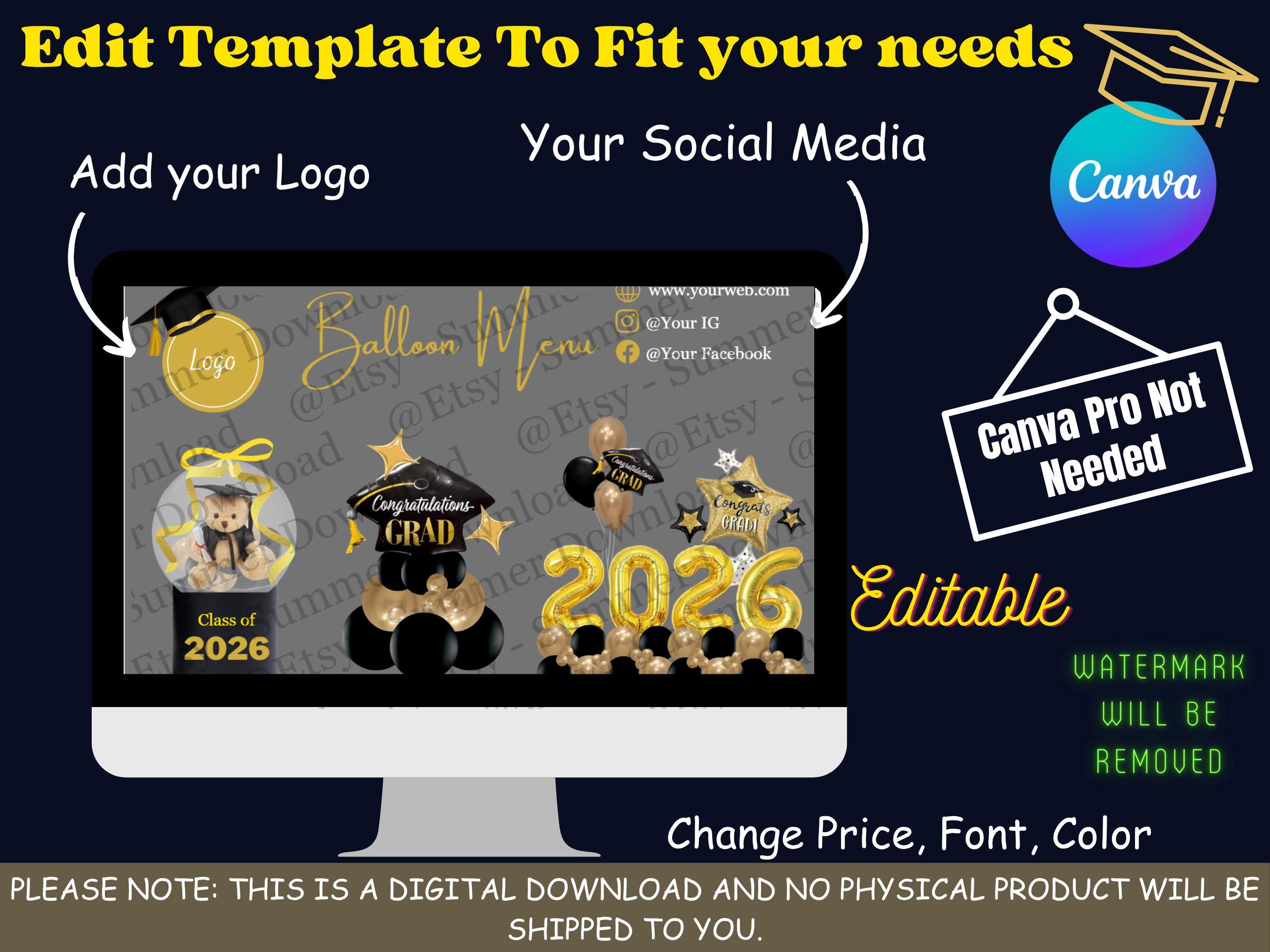 Grad Balloon Menu Graduation Balloon Menu Template, Price List Canva (digital Download ...