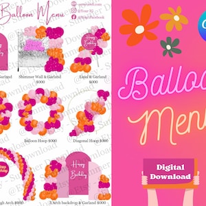 Balloon Menu Template, Pink and Orange Design, Editable Canva (Digital Download)
