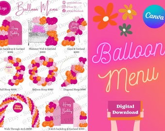 Balloon Menu Template, Pink and Orange Design, Editable Canva (Digital Download)