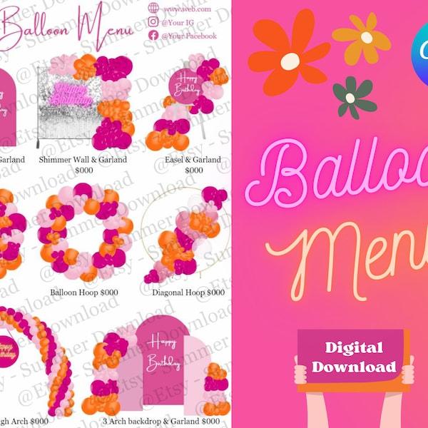 Menu de ballon rose et orange, menu de prix de maquette de ballon, modèle de ballon, modèle de menu de ballon Canva, modifiable, téléchargement immédiat